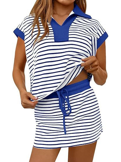 Women's Striped V-neck 2 Piece Skirt Set