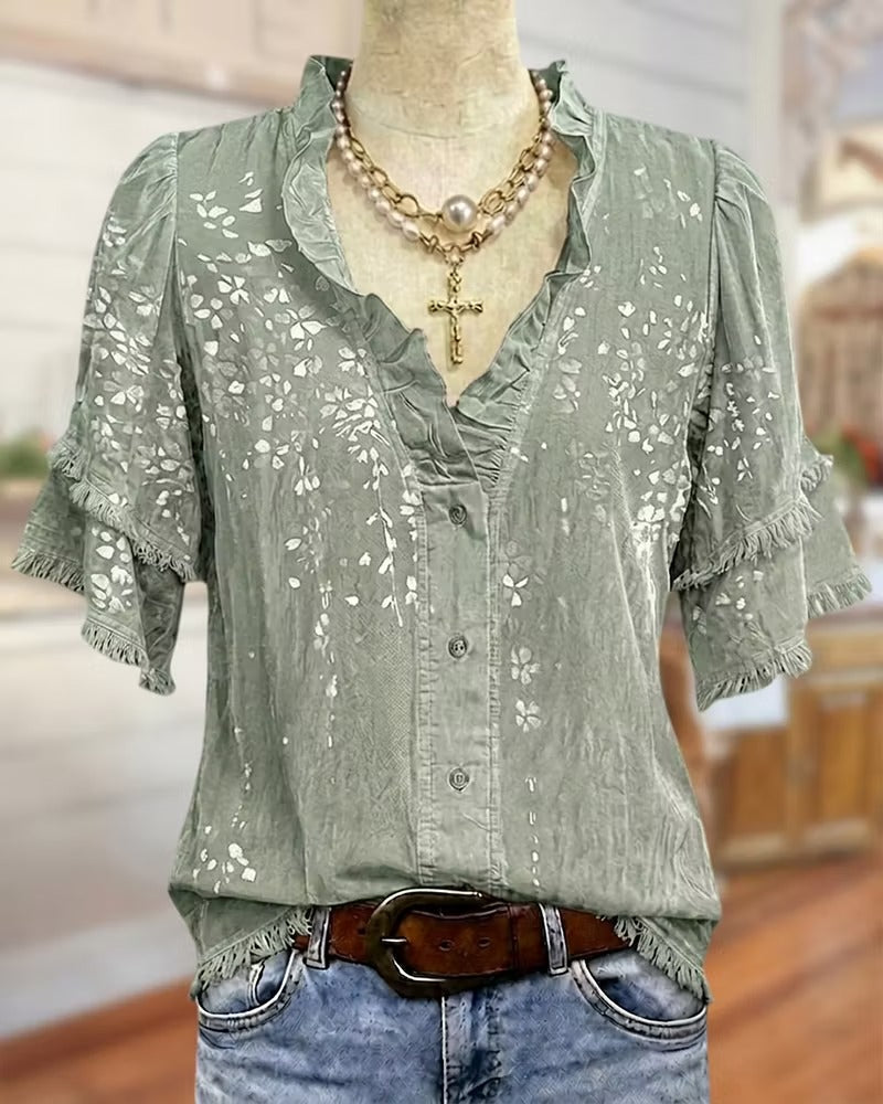 Ruffle Trim V Neck Tiered Sleeve Floral Button Front Blouse
