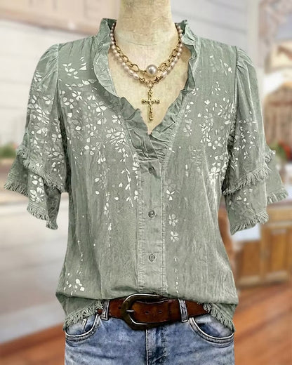 Ruffle Trim V Neck Tiered Sleeve Floral Button Front Blouse