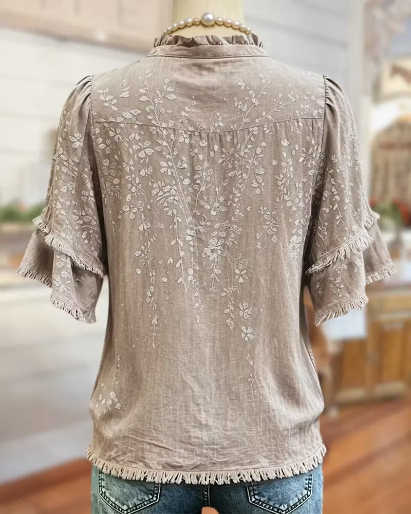 Ruffle V-Neck Floral Fringe Sleeve Vintage Loose Blouse