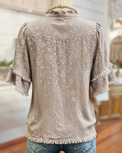 Ruffle V-Neck Floral Fringe Sleeve Vintage Loose Blouse