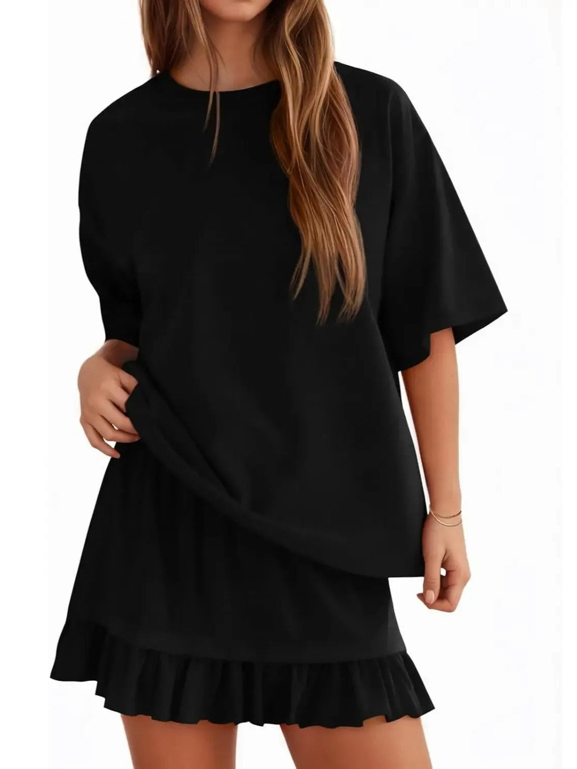 Summer Relaxed Fit Ruffle Hem Short Two Piece Outfit Set