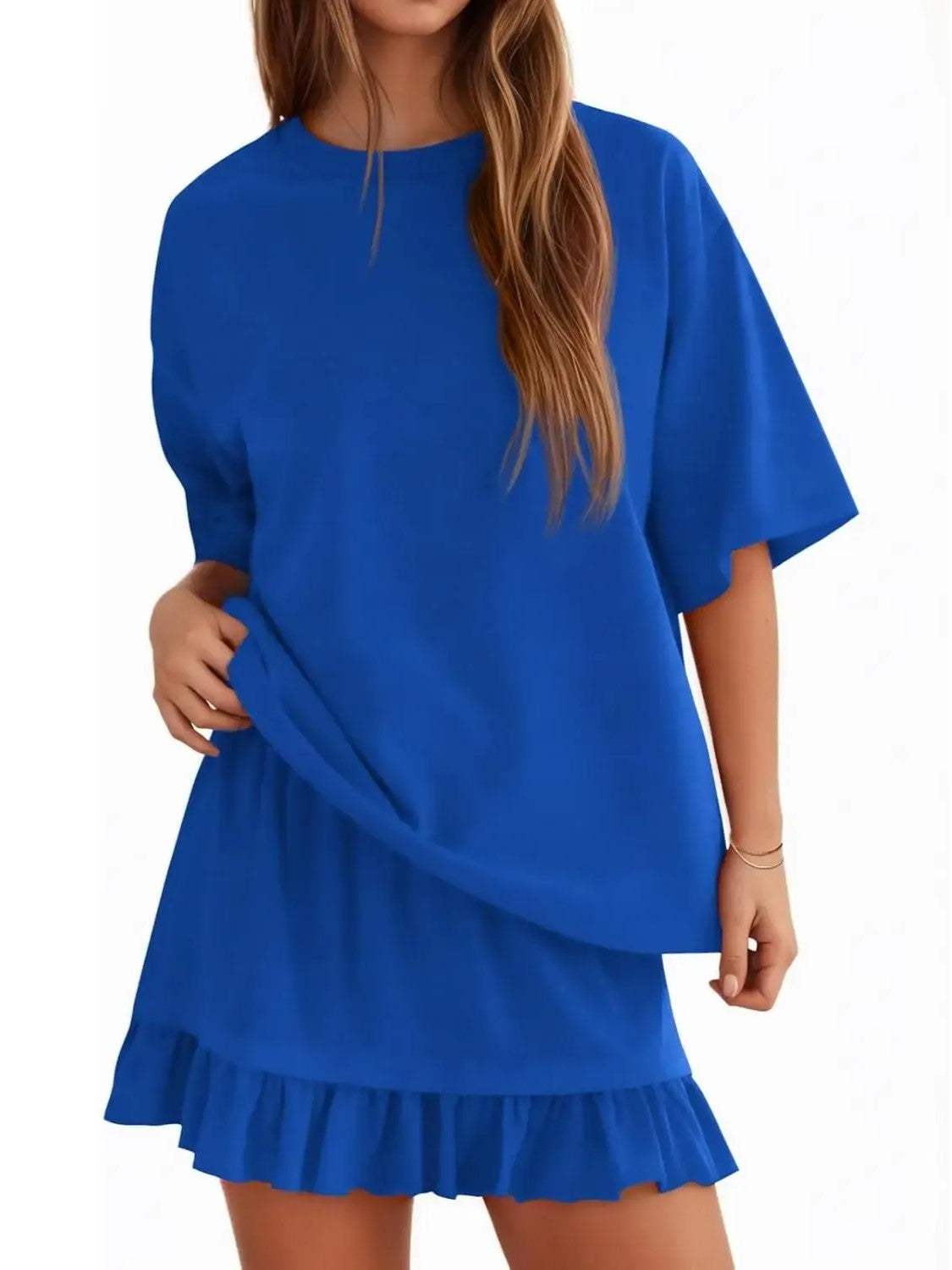 Summer Relaxed Fit Ruffle Hem Short Two Piece Outfit Set