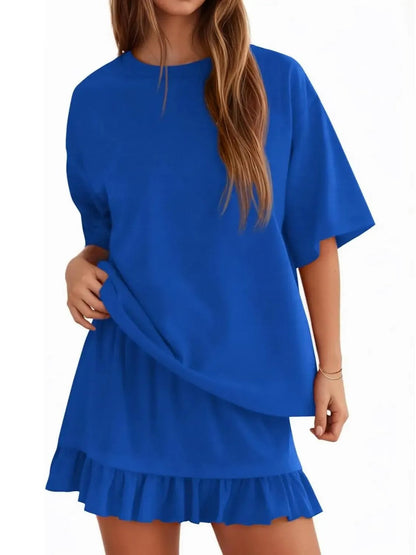 Summer Relaxed Fit Ruffle Hem Short Two Piece Outfit Set