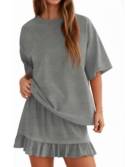 Summer Relaxed Fit Ruffle Hem Short Two Piece Outfit Set