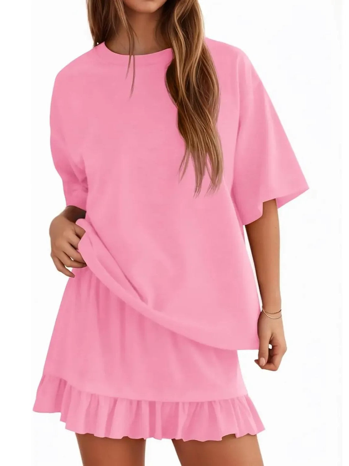 Summer Relaxed Fit Ruffle Hem Short Two Piece Outfit Set