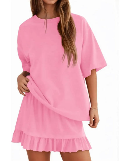 Summer Relaxed Fit Ruffle Hem Short Two Piece Outfit Set