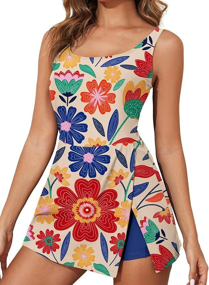 Women Tummy Control Split Swim Dress Skirt Bathing Suit with Pockets
