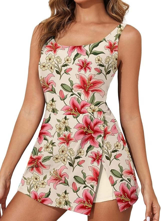Women Tummy Control Split Swim Dress Skirt Bathing Suit with Pockets