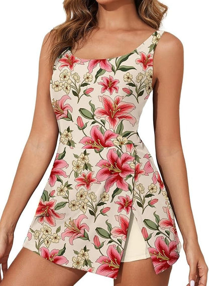 Women Tummy Control Split Swim Dress Skirt Bathing Suit with Pockets