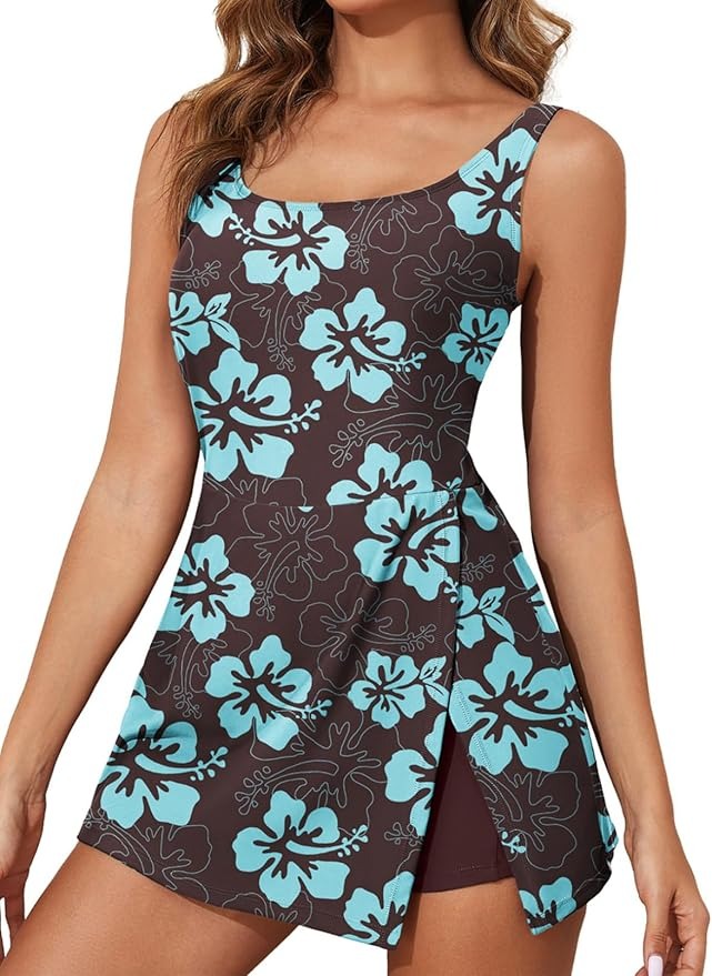 Women Tummy Control Split Swim Dress Skirt Bathing Suit with Pockets