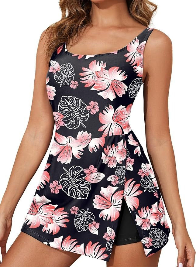 Women Tummy Control Split Swim Dress Skirt Bathing Suit with Pockets