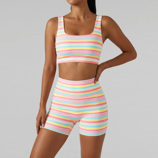 Women’s Rainbow Stripe 2 Piece Workout Set Tank Top High Shorts Matching