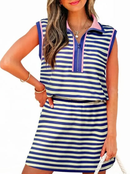 ⏰Hot Sale-Women's Stripe Print Contrast Trim Zip Collar Sleeveless 2pcs Skort Set