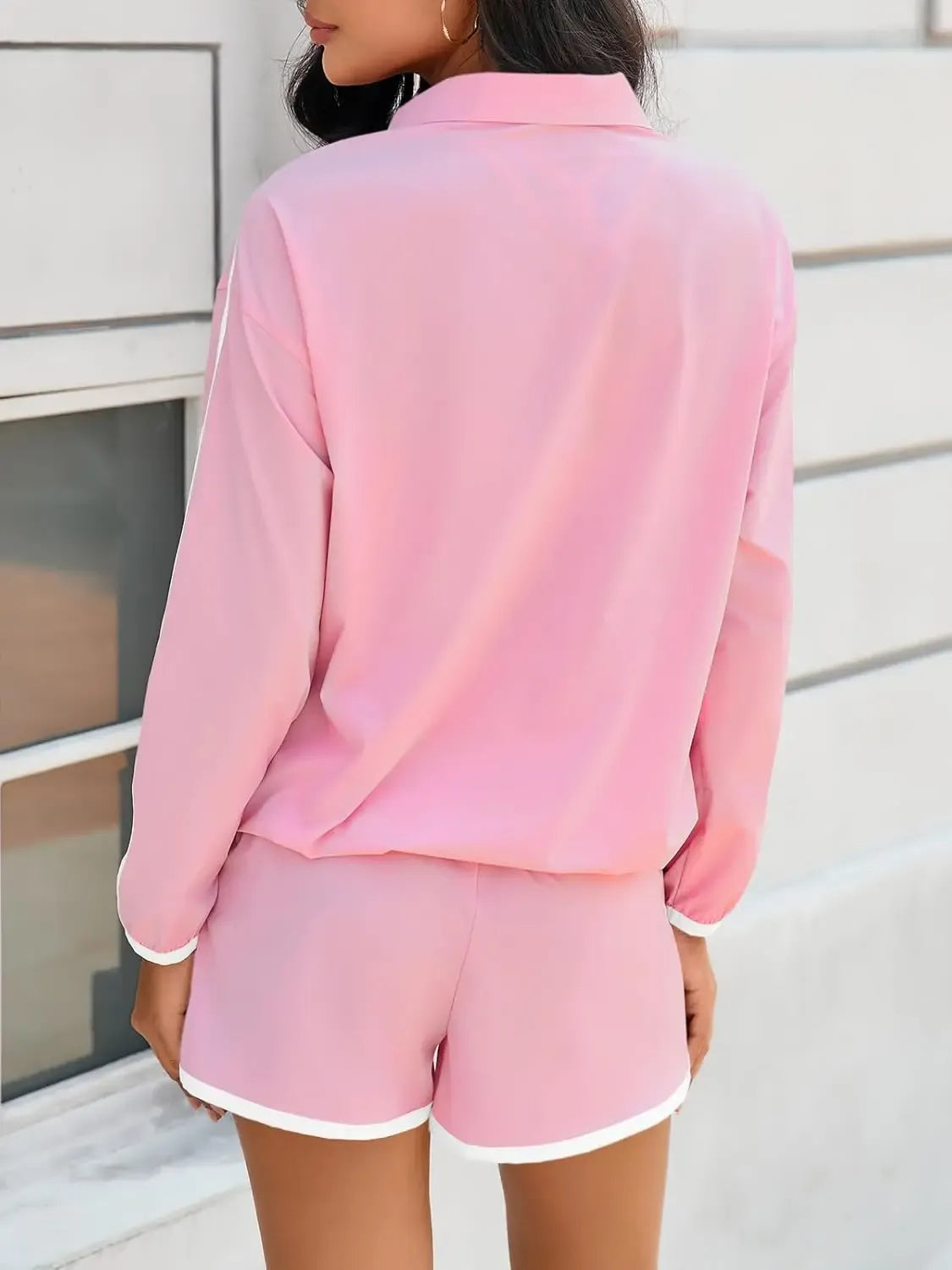 ⏰Hot Sale-Women's Half-Zip Long Sleeve Top & Shorts Casual Two-Piece Set