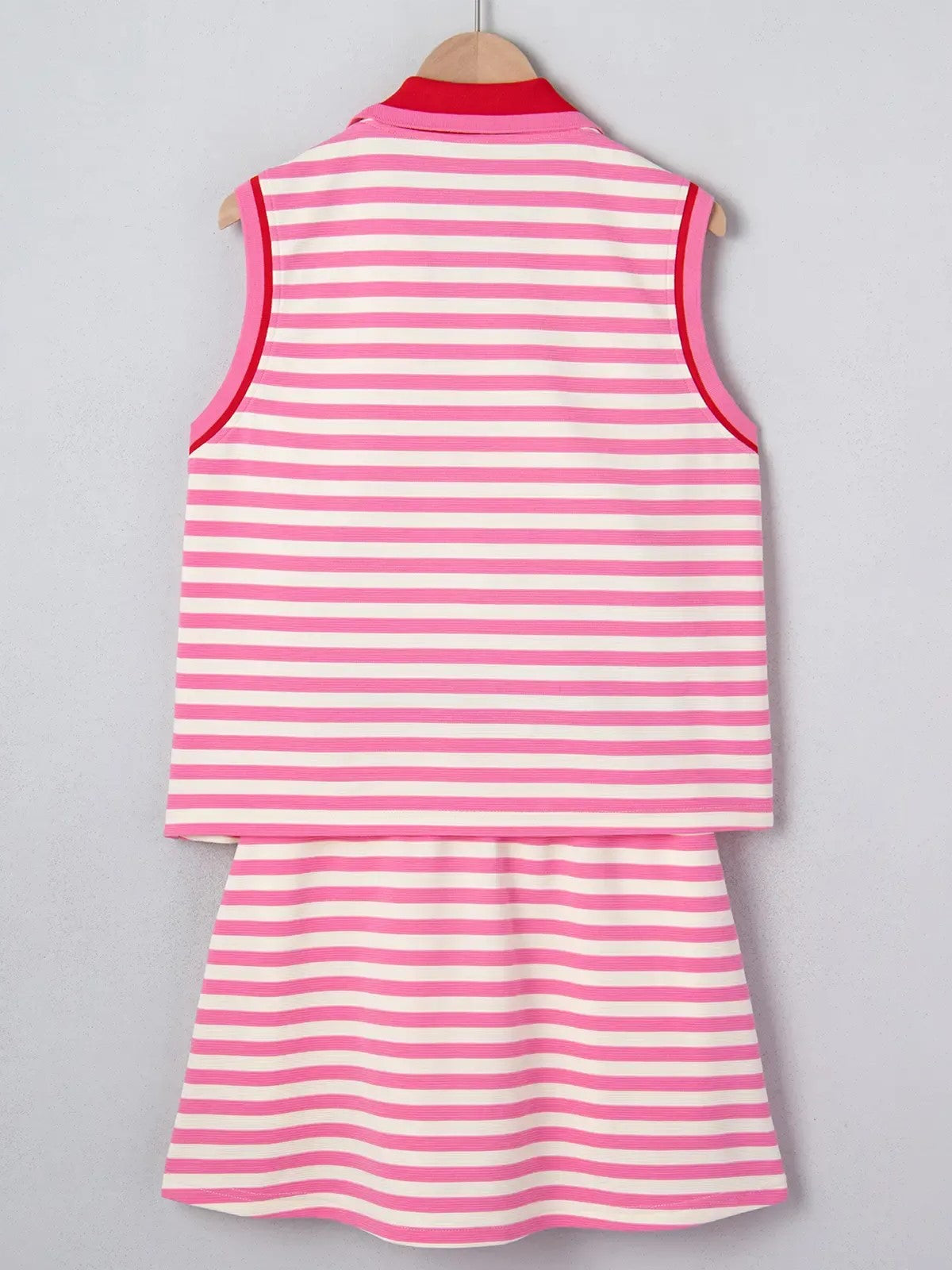 ⏰Hot Sale-Women's Stripe Print Contrast Trim Zip Collar Sleeveless 2pcs Skort Set