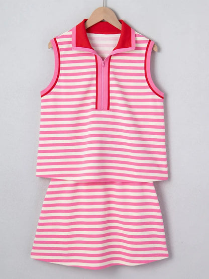 ⏰Hot Sale-Women's Stripe Print Contrast Trim Zip Collar Sleeveless 2pcs Skort Set