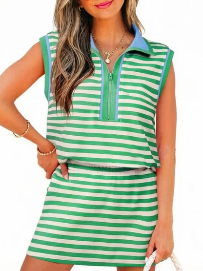 ⏰Hot Sale-Women's Stripe Print Contrast Trim Zip Collar Sleeveless 2pcs Skort Set