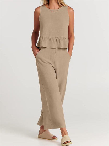 Limited time sale🔥Women 2 Piece Outfits Tank Crop Top Wide Leg Pants Lounge Matching Sets