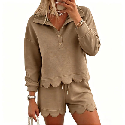 Limited time sale🔥Women Scalloped Hem Half Button Polo Two Piece Set