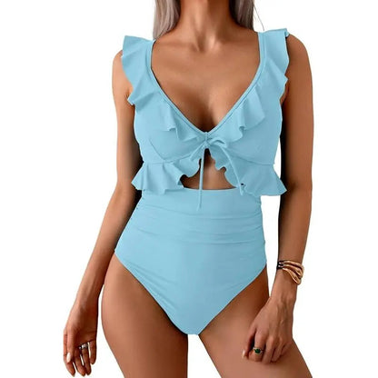 Limited time sale🔥Women Tummy Control Ruffle Bathing Suit V Neck Ruched Swim Suit