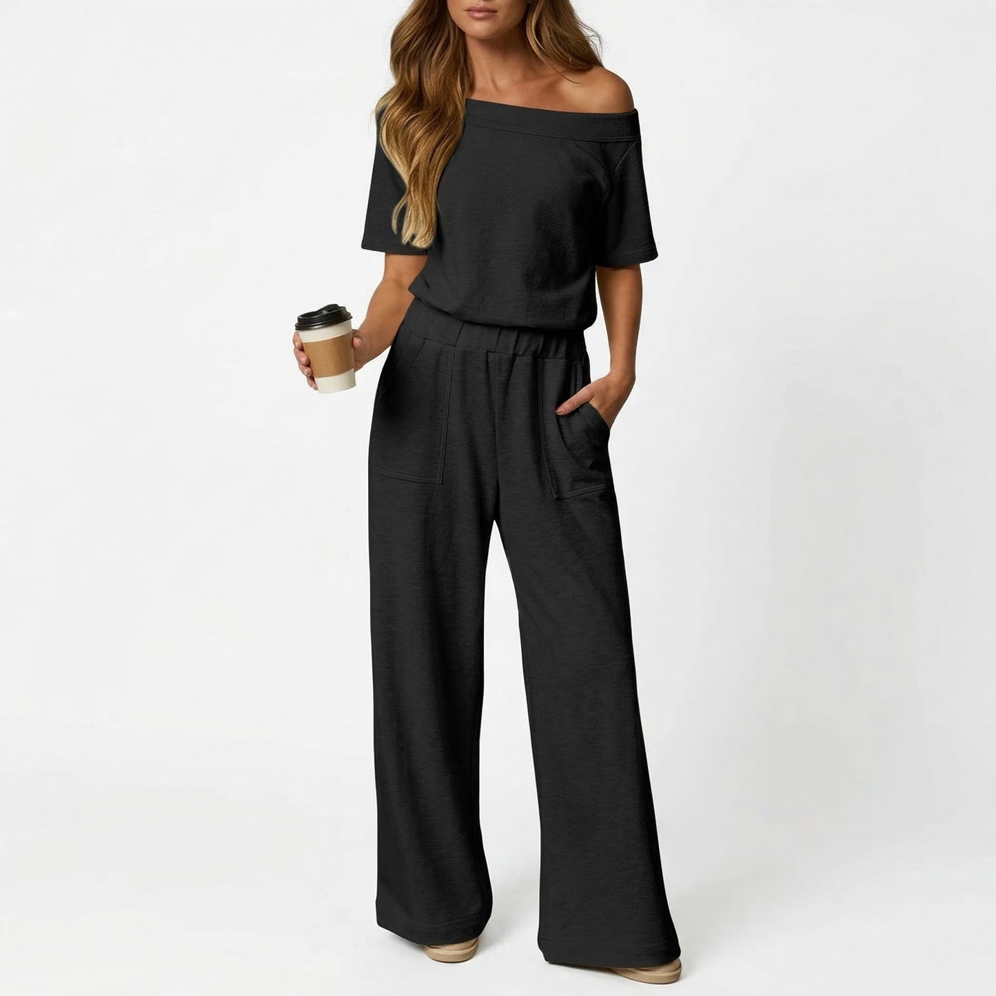 ⏰Hot Sale-Women's Short Sleeve Back Cutout Casual Wide Leg Loose Fit One-Piece Jumpsuit