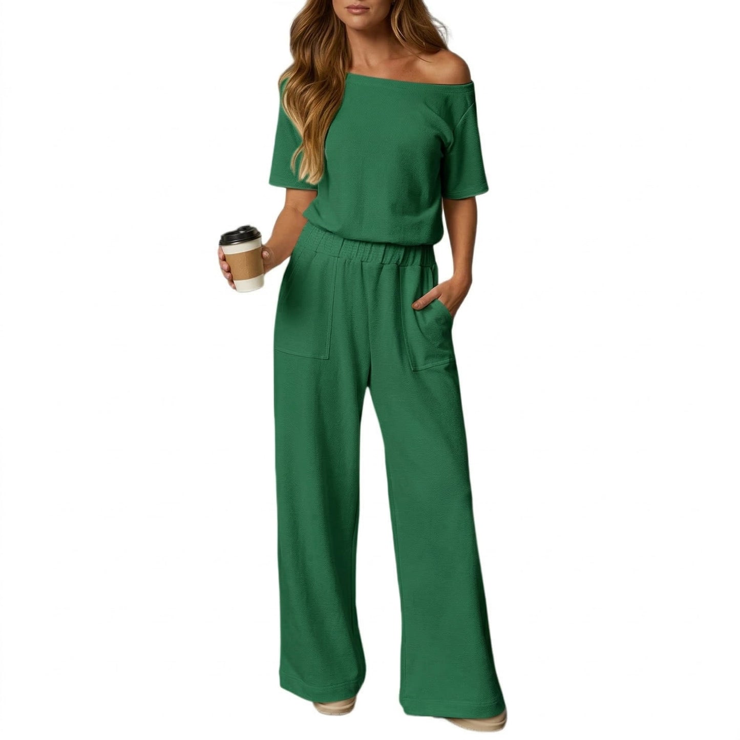 ⏰Hot Sale-Women's Short Sleeve Back Cutout Casual Wide Leg Loose Fit One-Piece Jumpsuit