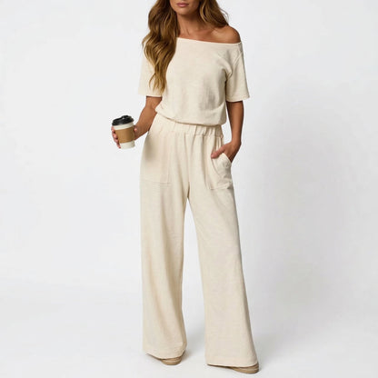 ⏰Hot Sale-Women's Short Sleeve Back Cutout Casual Wide Leg Loose Fit One-Piece Jumpsuit