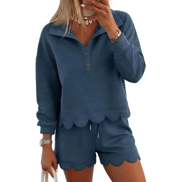 Women Scalloped Hem Half Button Polo Long Sleeve Top & Drawstring Shorts Two Piece Set