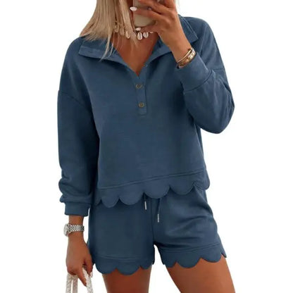 Limited time sale🔥Women Scalloped Hem Half Button Polo Two Piece Set