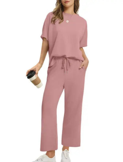 Loose Short Sleeve Top & High Waist Wide Leg Pants 2-Piece Summer Matching Set
