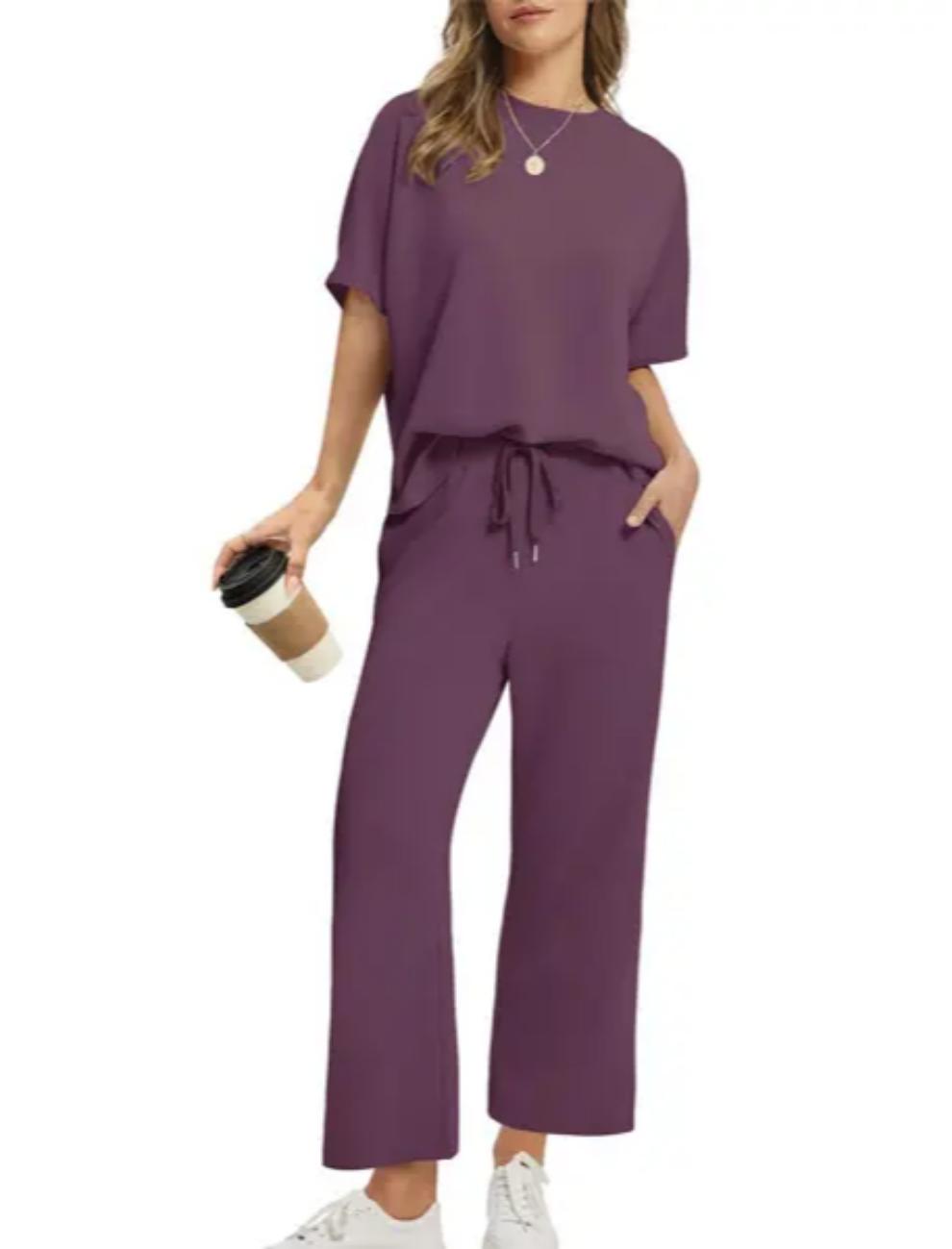Loose Short Sleeve Top & High Waist Wide Leg Pants 2-Piece Summer Matching Set