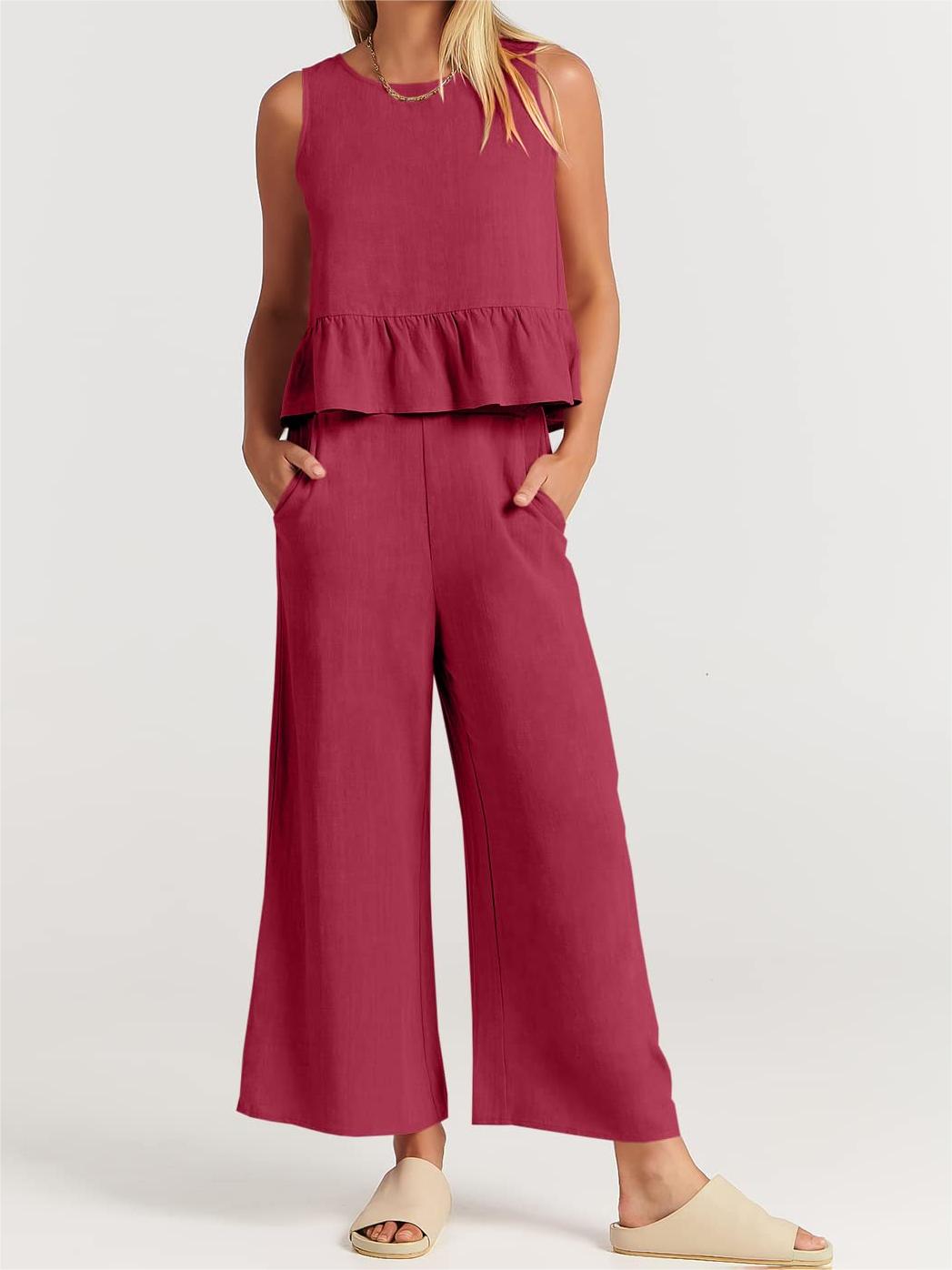 Limited time sale🔥Women 2 Piece Outfits Tank Crop Top Wide Leg Pants Lounge Matching Sets