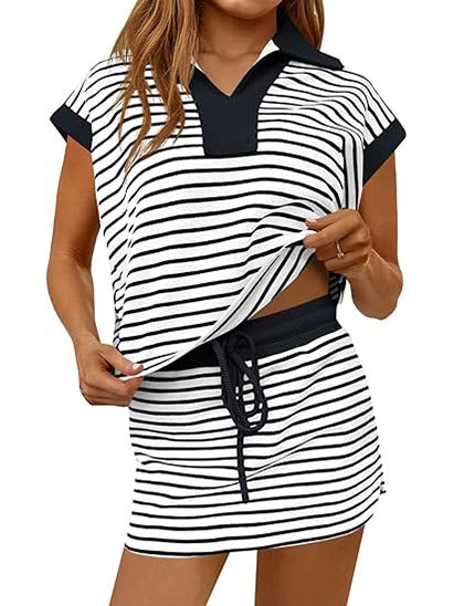 Women Color Block Collar V Neck Striped Short Sleeve Top & Drawstring High Waist Mini Skirt Summer Two Piece Set